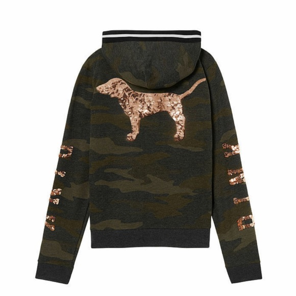 VICTORIA'S SECRET PINK CAMOUFLAGE CAMO ROSE GOLD BLING HOODIE L - Picture 2 of 8